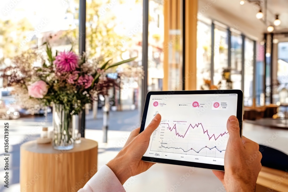 Obraz premium Hands Holding a Tablet Screen with a Financial Graph in a Bright Cafe