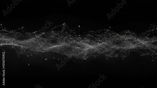 Abstract wave of glowing particles on black background.