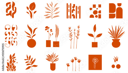 Plant Icons Collection: A curated set of artistic plant icons, showcasing various styles from minimalistic leaves to intricate floral arrangements.