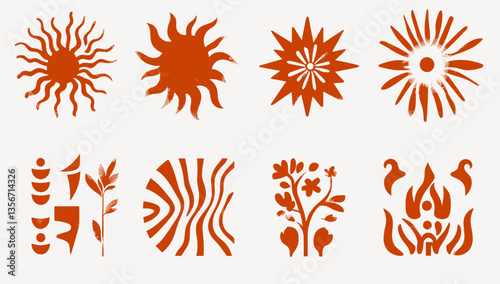 Abstract Design Elements: A collection of artistic and symbolic graphic elements. Featuring abstract suns, intricate shapes, and nature-inspired motifs, all rendered in a minimalist style. 