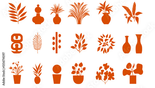 Botanical Collection: A visually appealing collection of botanical illustrations.Showcasing detailed foliage and various vases and pots and pots. perfect for any design project.