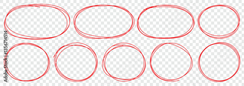 Set of hand drawn red doodle ellipses. Scribble ovals, bubbles to circle and highlight text. Bright red scribble ovals and bubbles to circle and highlight text. Abstract graphic element for note mark.