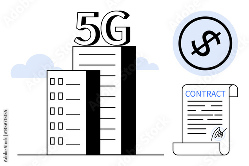 Buildings with 5G label symbolizing network infrastructure, rolled contract paper, and dollar sign for financial growth. Ideal for technology, finance, connectivity, agreements, investments
