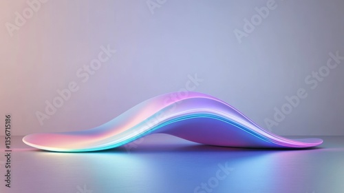 Abstract glowing neon wave form on reflective surface.
