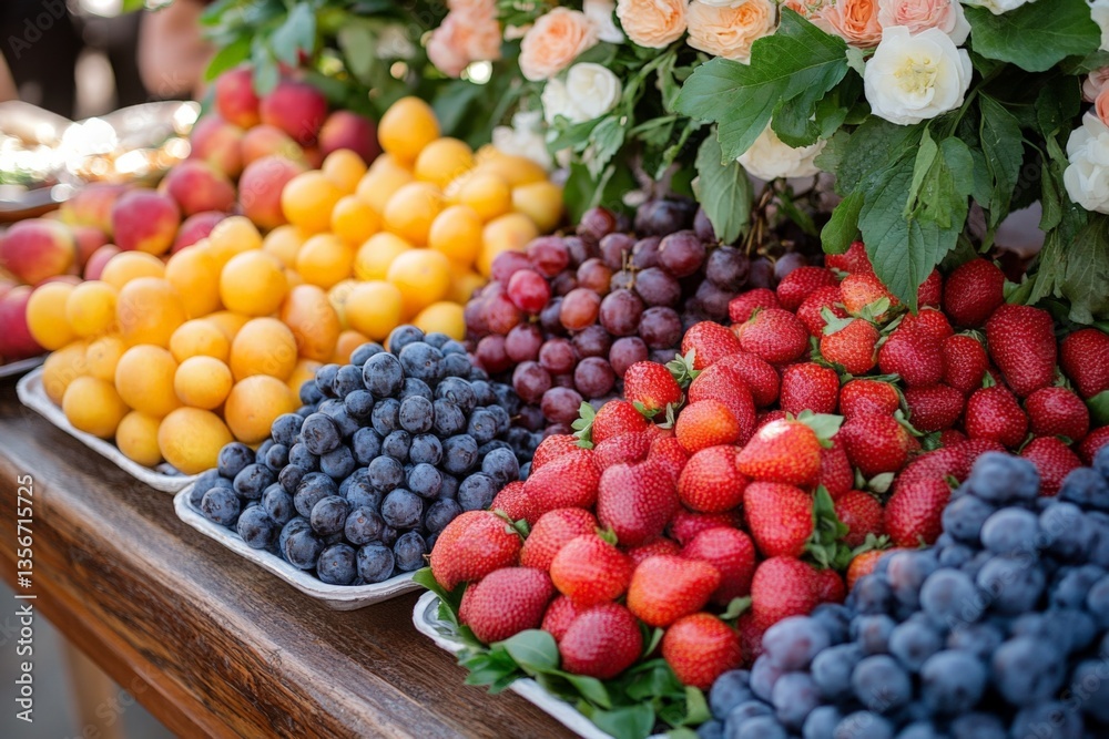 Colorful display of fresh fruits at a local market during a sunny afternoon Colorful display of fresh fruits at a local market during a sunny afternoon