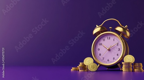 Gold alarm clock with stacks of coins on purple background.