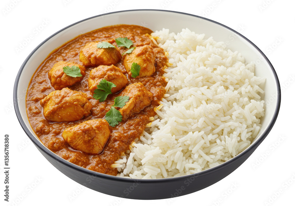 A bowl filled half with fluffy basmati rice and half with rich, red chicken curry isolated on transparent background A bowl filled half with fluffy basmati rice and half with rich, red chicken curry isolated on transparent background
