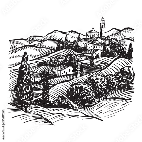 Vector black and white line art illustration of an Italian landscape with rolling hills, vineyards, cypress trees, and traditional architecture. Minimalistic and elegant, following the 2025 trend. 