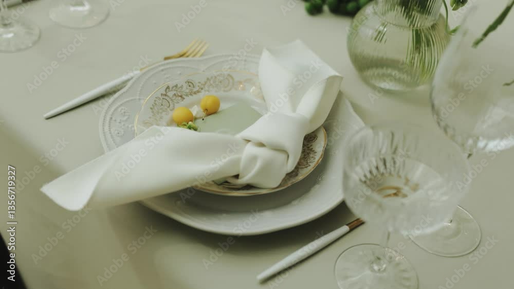 Elegant wedding table setting with white plates, glasses and floral accents. Banquet decor, decorated tables, decorated banquet hall. Elegant wedding table setting with white plates, glasses and floral accents. Banquet decor, decorated tables, decorated banquet hall.