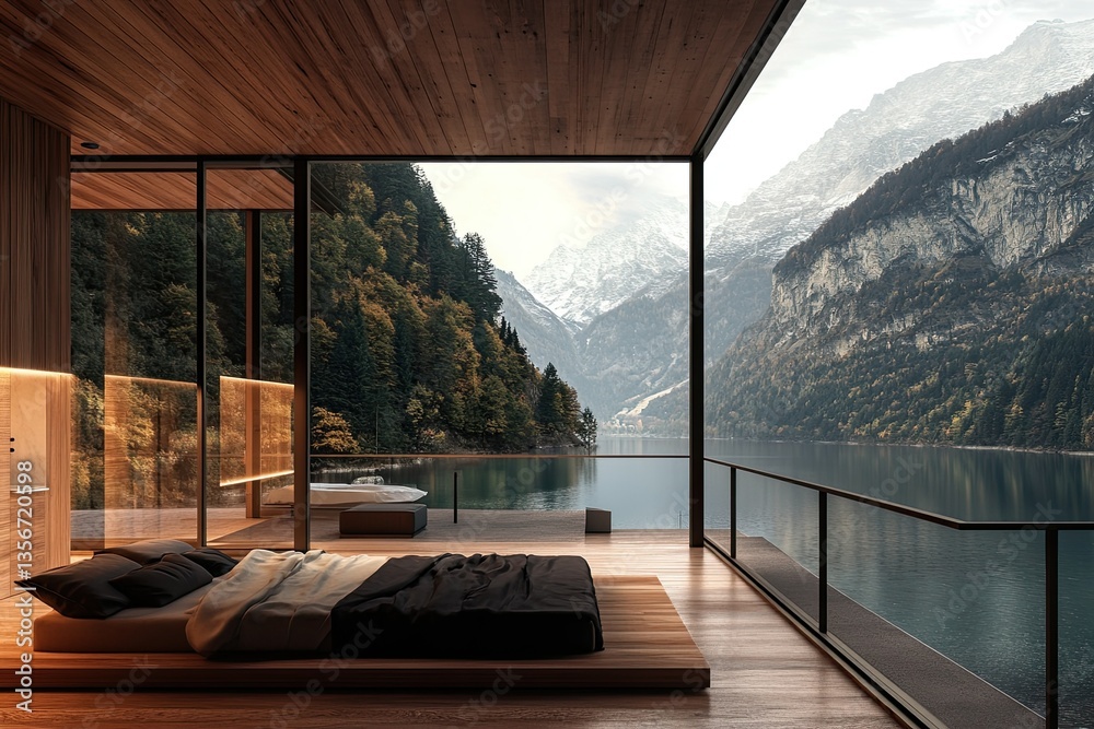 Fototapeta premium Serene Lakeside Retreat: A Modern Bedroom with Panoramic Mountain Views