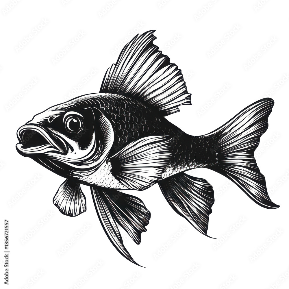 Fototapeta premium Black and white fish illustration detailed fins scales aquatic life art monochrome nature wildlife drawing graphic design isolated on transparent background