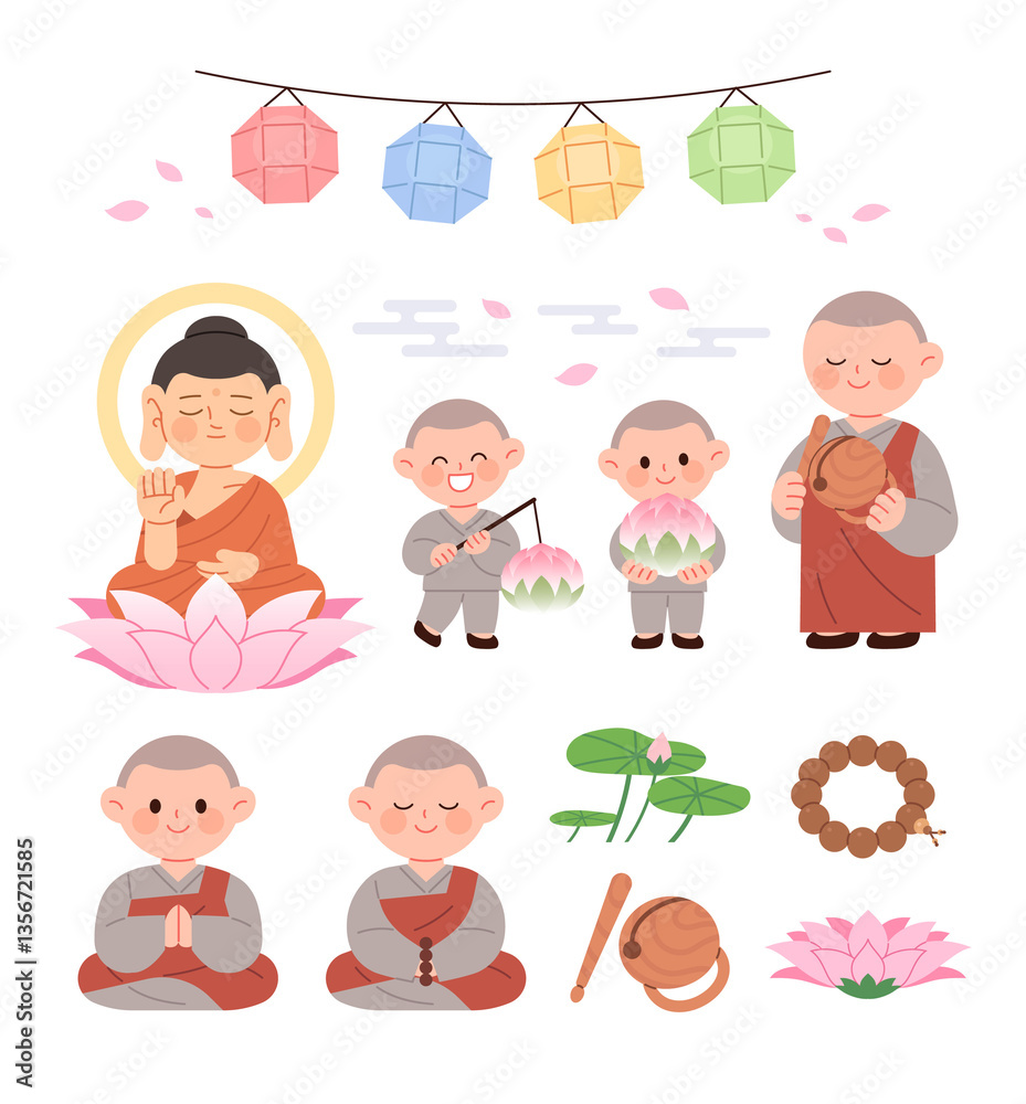 Illustration of various design elements for Buddha's Birthday. Buddha, monks, lanterns, prayer beads, etc. Illustration of various design elements for Buddha's Birthday. Buddha, monks, lanterns, prayer beads, etc.