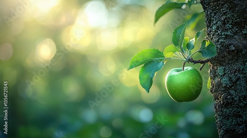 Tranquil apple tree scene: A vibrant green fruit basks in sunlight