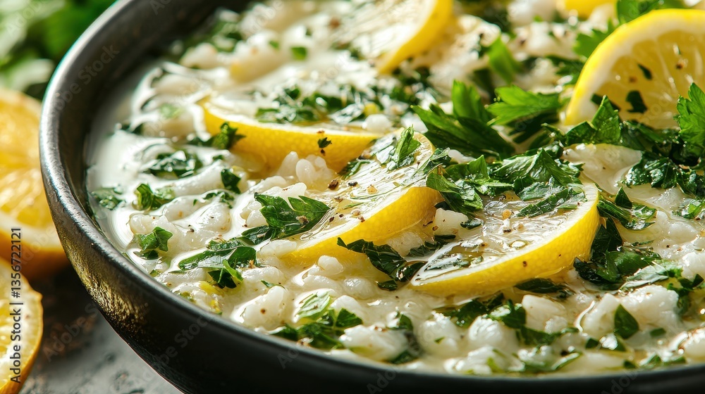 Vibrant lemon rice soup with fresh parsley, a culinary delight presented in a dark bowl Vibrant lemon rice soup with fresh parsley, a culinary delight presented in a dark bowl