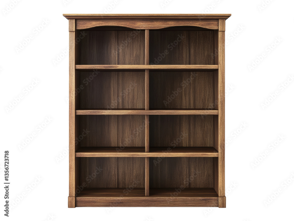 Wooden bookshelf with eight spacious shelves for storage on Transparent Background Wooden bookshelf with eight spacious shelves for storage on Transparent Background