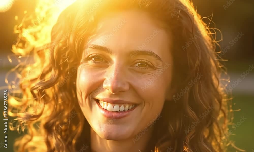 Close up portrait of a smiling woman with curly hair looking directly at the camera outdoors Close up portrait of a smiling woman with curly hair looking directly at the camera outdoors