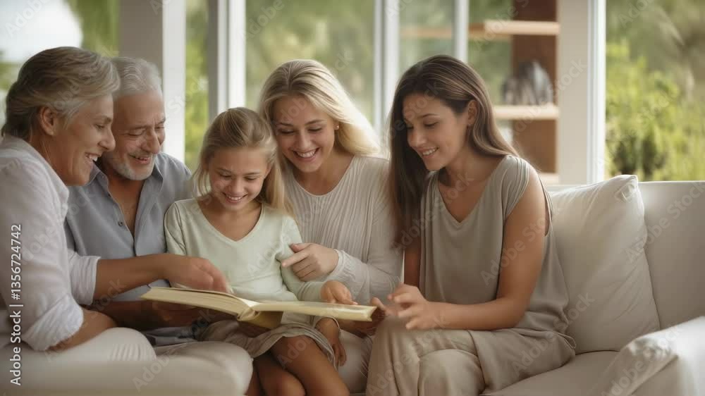 Caucasian multigenerational family reading a book together video footage. Senior woman and man with daughters and granddaughter relaxing indoors clip. Family story motion picture. Caucasian multigenerational family reading a book together video footage. Senior woman and man with daughters and granddaughter relaxing indoors clip. Family story motion picture.