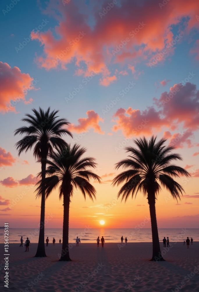The beach is at sunset, where the sun sinks below the horizon, coloring the sky in orange and pink tones. Palm trees frame the stage, people are enjoying relaxing on the light sand. The beach is at sunset, where the sun sinks below the horizon, coloring the sky in orange and pink tones. Palm trees frame the stage, people are enjoying relaxing on the light sand.