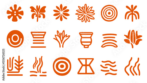 Set of Stylized Elements: A collection of meticulously crafted, vibrant orange graphic elements, featuring diverse shapes and designs, perfect for creative projects and visual enhancements.