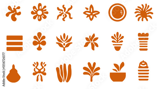 Ornate Icon Set: A collection of decorative icons in a striking orange hue, perfect for adding a touch of artistic flair to your designs. The collection showcases an assortment of floral, abstract.