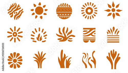 Artistic Iconography: A collection of artistic icons and graphic elements, rendered in a warm, earthy palette, arranged against a clean backdrop, offering versatile visual tools for designers.