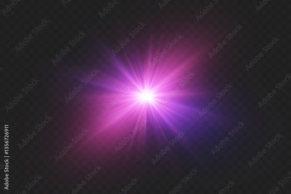 Obraz premium Magical special effect of flash, light star, explosion of rays and lens.