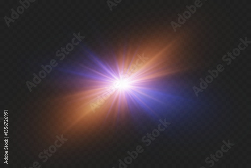 Magical special effect of flash, light star, explosion of rays and lens.