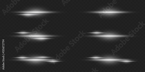 Set of white flashes of light. Horizontal line explosion.