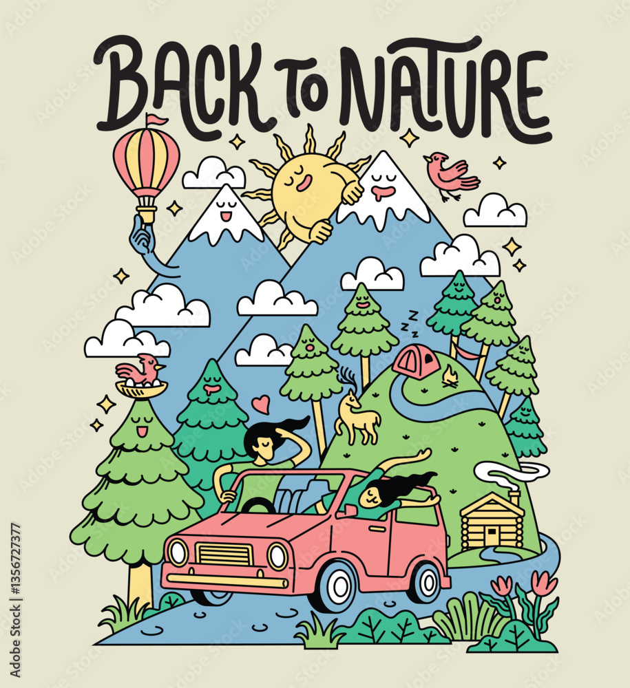 Obraz premium trip to the mountains by car illustration