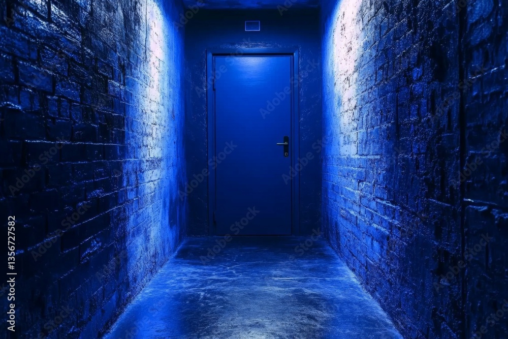Fototapeta premium Vivid blue hallway with a closed door at the end, creating a mysterious atmosphere in an urban setting
