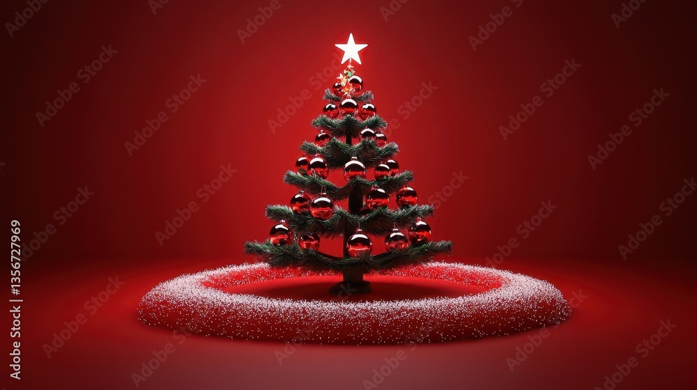 Illuminated christmas tree on a vibrant red background with decorative snow Illuminated christmas tree on a vibrant red background with decorative snow