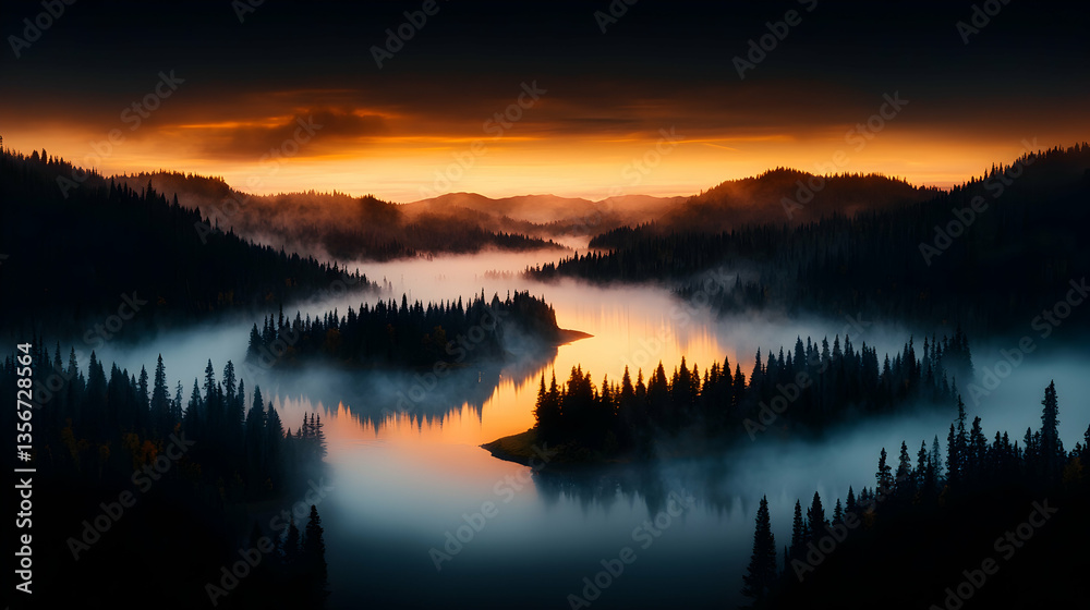 Fototapeta premium Misty Sunrise Landscape with Orange Sky and Dark Trees