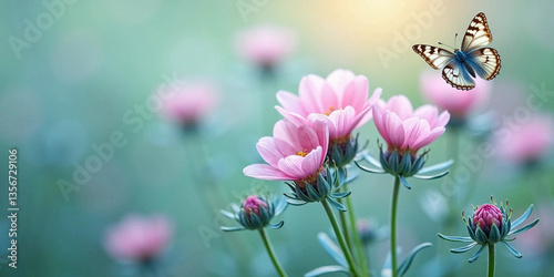 Beautiful butterfly flying over delicate pink flowers. Wild flowers blooming in the meadow in the morning mist in the rays of the rising sun, close-up. Blurred natural background.