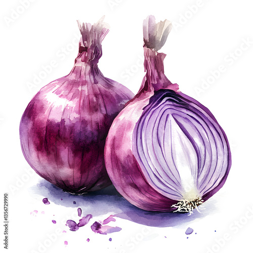 Watercolor half and one onion on white background
