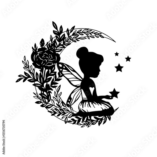 Silhouette of a fairy with flowers and moon. Vector illustration isolated on white background.