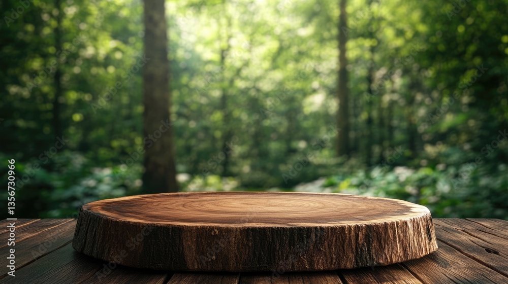 Wooden Tabletop in Front of a Blurred Green Forest Background Wooden Tabletop in Front of a Blurred Green Forest Background