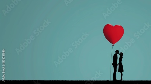 Couple sharing a romantic moment with a heart-shaped balloon against a turquoise backdrop at sunset Generative AI