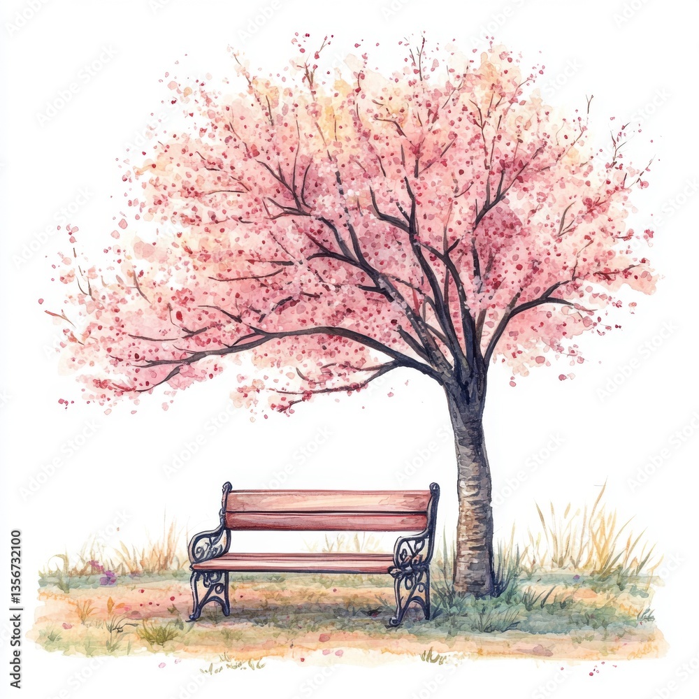 Serene cherry blossom tree with park bench tranquil nature scene watercolor art spring ambiance Serene cherry blossom tree with park bench tranquil nature scene watercolor art spring ambiance