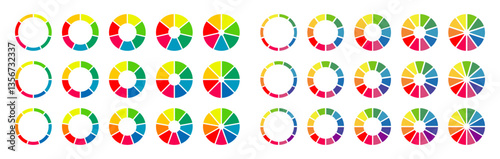 Donut charts, pies segmented on 7, 8, 9, 10, 11, 12 equal parts. Wheel divided in sections. Set of multicoloured infographic diagrams. Circle section graph. Pizza chart round icons. Loading bar mockup