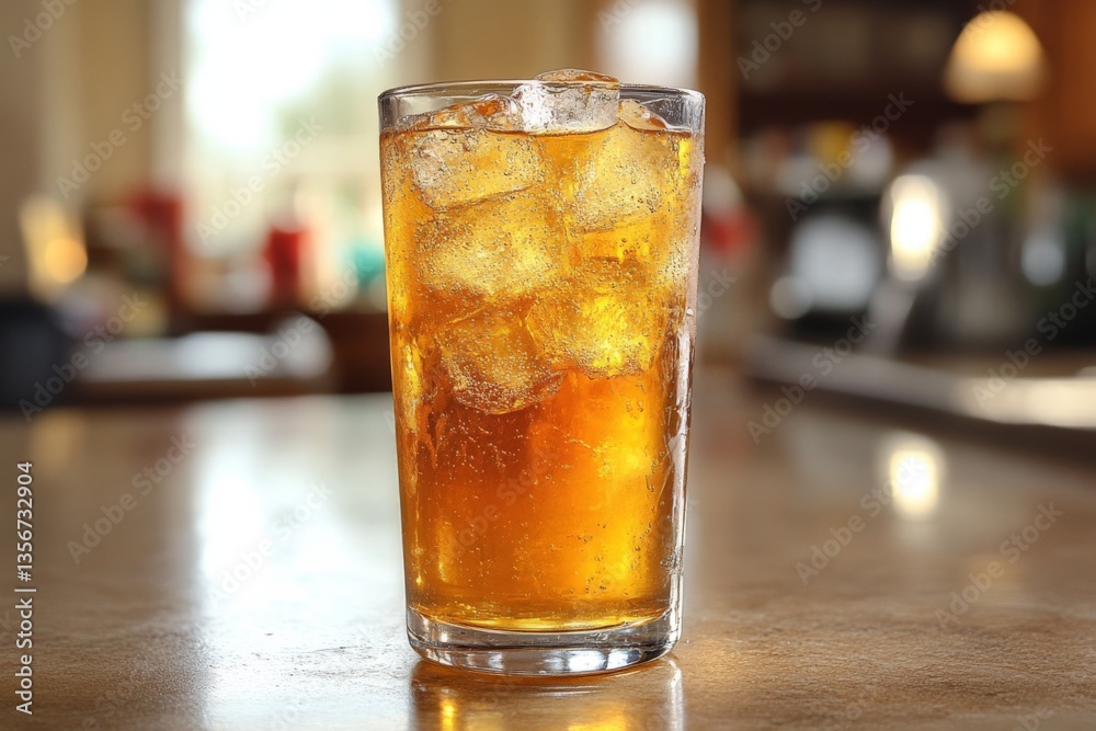 Refreshing iced tea in a glass placed on a kitchen countertop during a sunny afternoon Refreshing iced tea in a glass placed on a kitchen countertop during a sunny afternoon