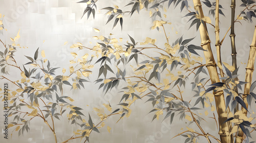 partial bamboo leaf and birds with gold and bronze abstract decorative painting