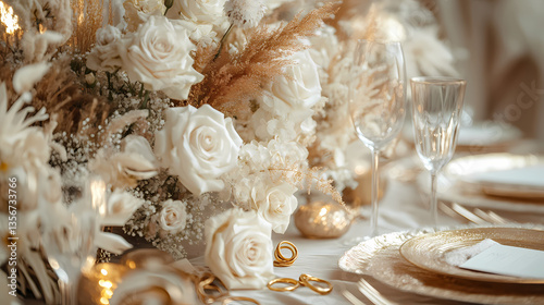 Elegance in Bloom: An opulent table setting is exquisitely adorned with pristine white roses, complemented by delicate pampas grass and gilded accents, creating a luxurious and inviting ambiance.