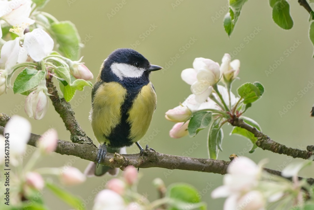 Obraz premium A beautiful great tit sits on a apple twig with flowers. Parus major. Portrait of a great tit in the nature habitat.