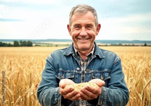 Smiling farmer holding grain in a wheat field, showcasing sustainable agriculture and rural lifestyle.