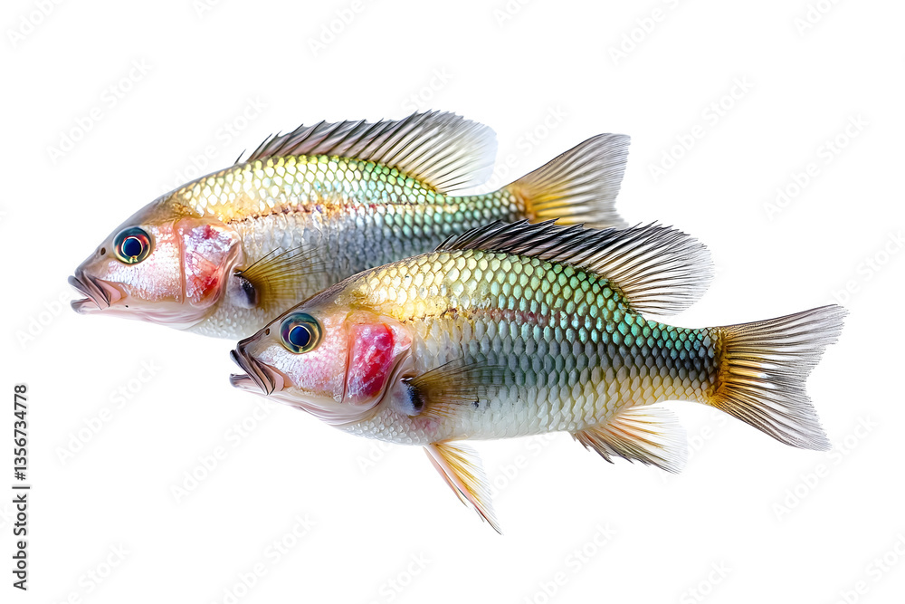 Fototapeta premium Three Blackchin tilapia - Sarotherodon melanotheron isolated on white background. fish invasive alien species in natural biodiversity is environmental problem in some countries.