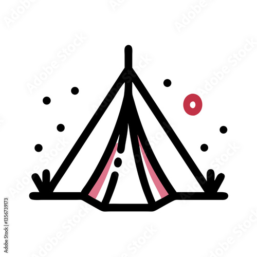 Cartoon camping tent with dots and flags in black outline