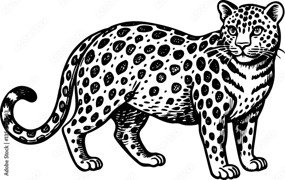 Fototapeta premium Chubby fat leopard with bold spots, combining humor and retro artistic style sketch engraving vector