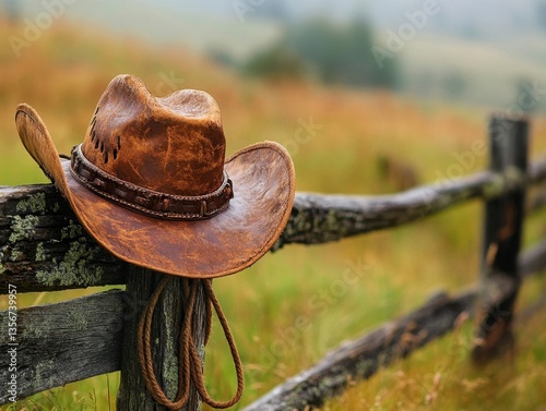 Rustic Cowboy Hat Resting on Weathered Wooden Fence in Serene Rural Landscape Capturing Western Charm and Nostalgia with Soft Focus and Natural Light
