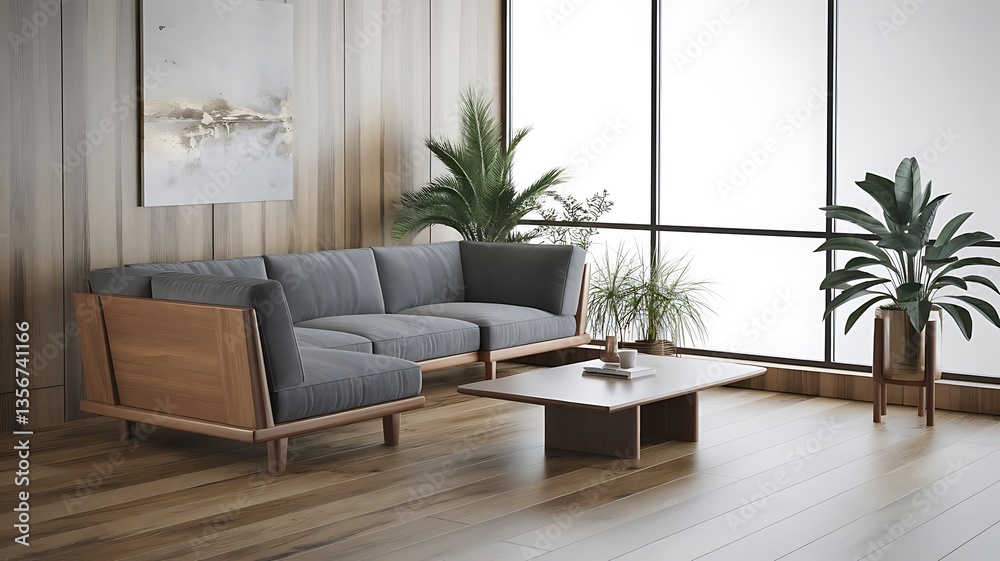 Fototapeta premium Grey corner sofa against big window Minimalist interior design of modern living room