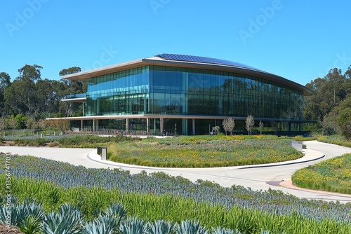 Modern architectural design featuring a glass building surrounded by landscaped gardens on a sunny day